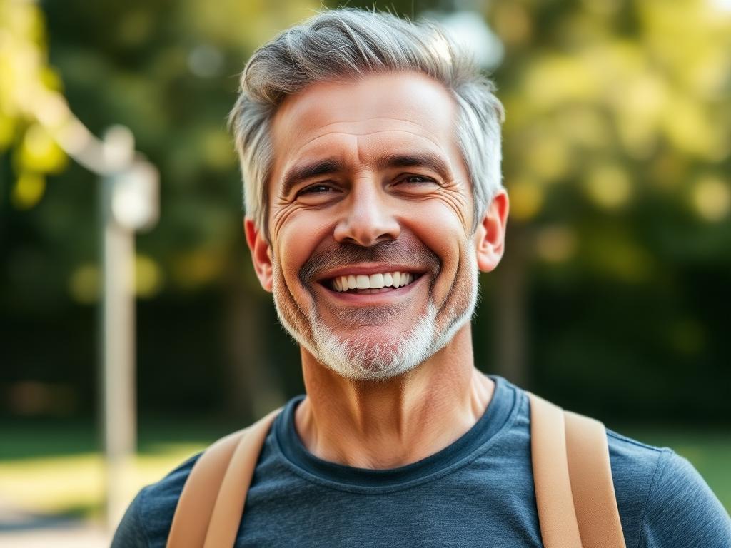 Confident, active man in his fifties smiling outdoors